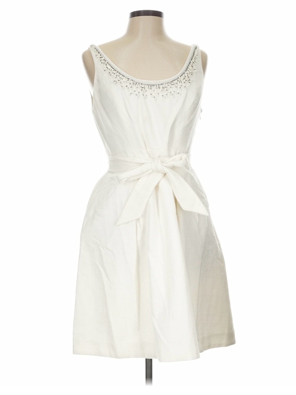 Trina Turk White Sleeveless Beaded Scoop Tie-Waist Mini Dress